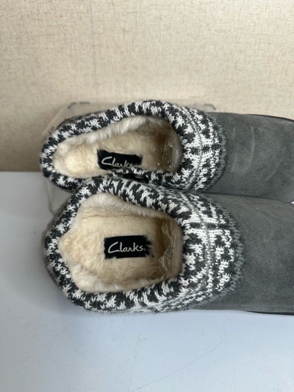 Clarks Gray Suede Knit-Trim Slip-On Slippers